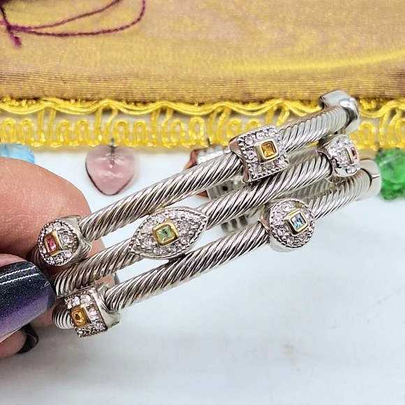 Silver Tone Cable Cuff Bracelet Multi Gems‎ - Picture 4 of 5